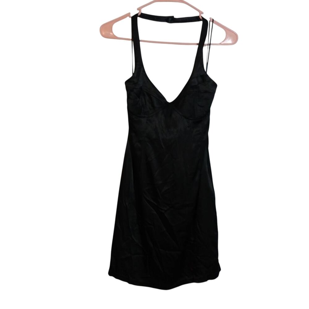 Zara Black Satin Halter Sleeveless Bustier Dress Neutral Mini LBD Size M
